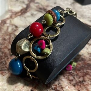 Mixed Color Bead and Hammered Ring Bracelet - 7in with one in extender